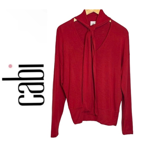 CAbi Tess Tee Firebrick Red Tie Bow Neck Pullover Women’s Blouse size Medium - Picture 3 of 8